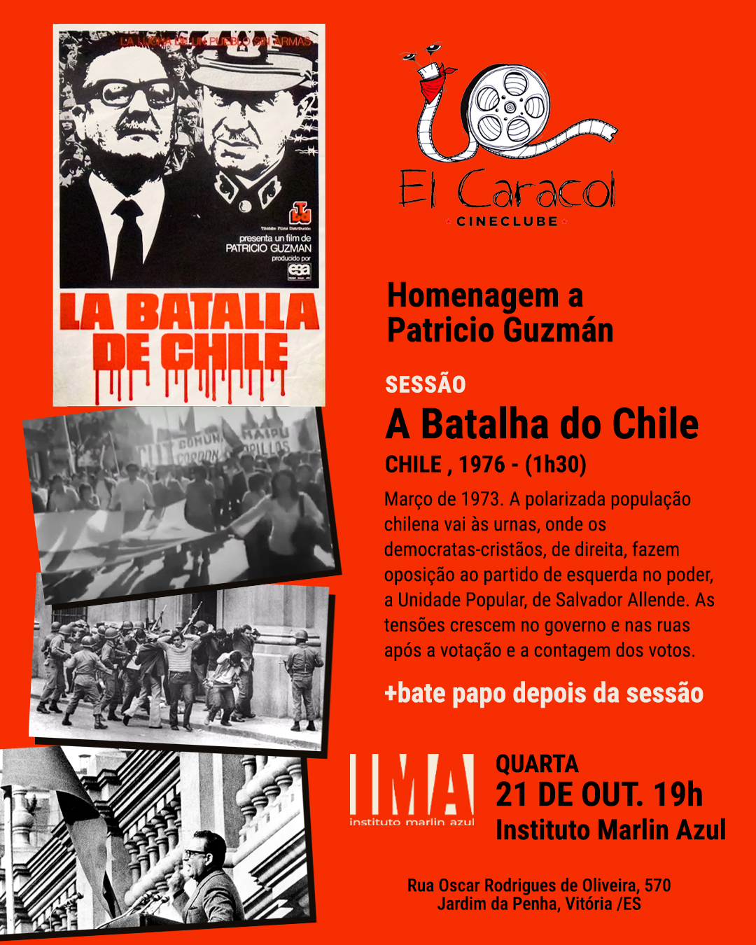 Cineclube El Caracol homenageia Patricio Guzmán com exibição de “A Batalha do Chile”